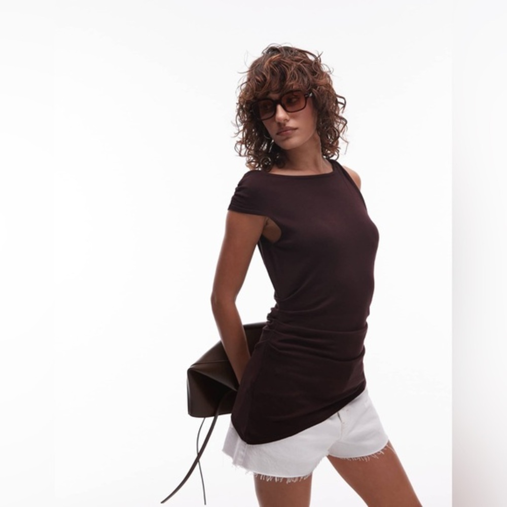 Mango Knotted Shoulder Asymmetric Top in Brown